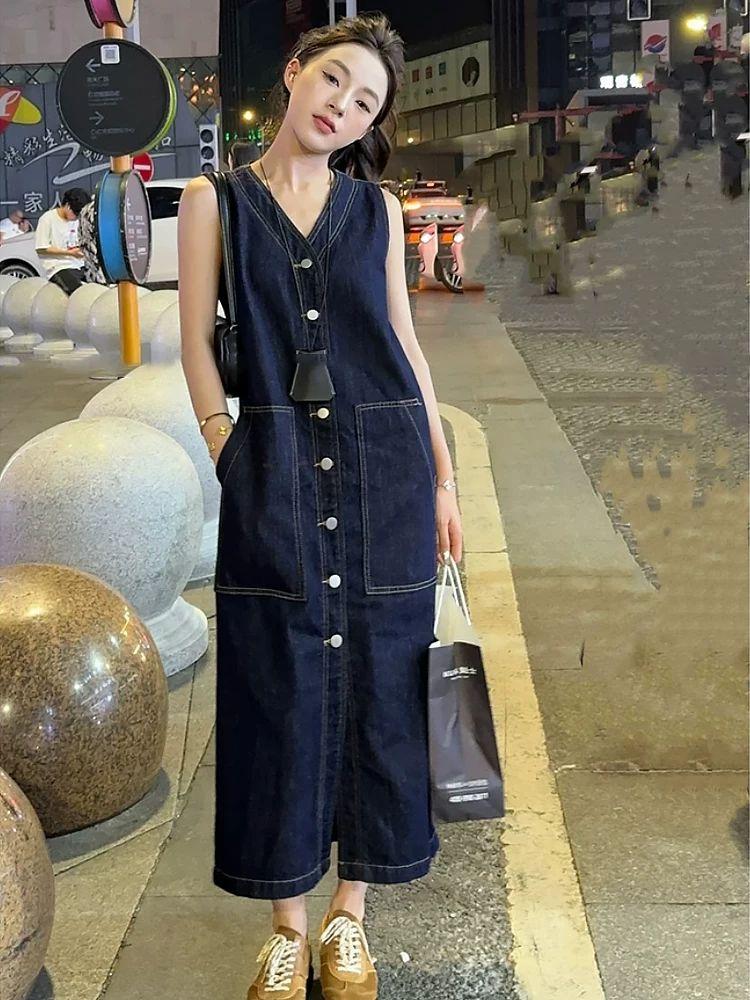 フレンチブルーサスペンダーデニムドレス 春夏コーデに最適 ノースリーブ
