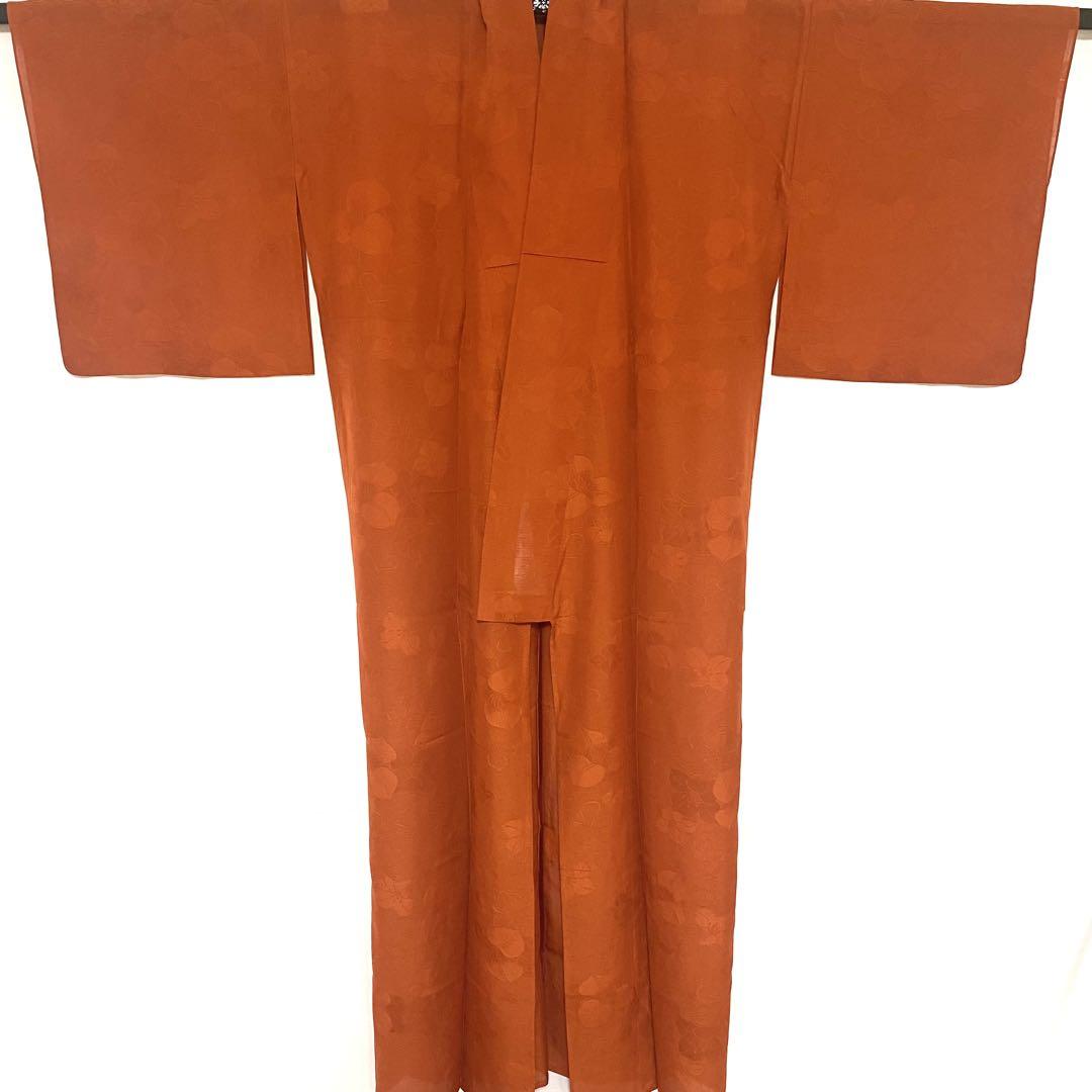 人気商品 5k1786 和装 地紋 橙色 家紋 一つ紋 色無地 絽 薄物 夏物 正絹 着物 着物・浴衣