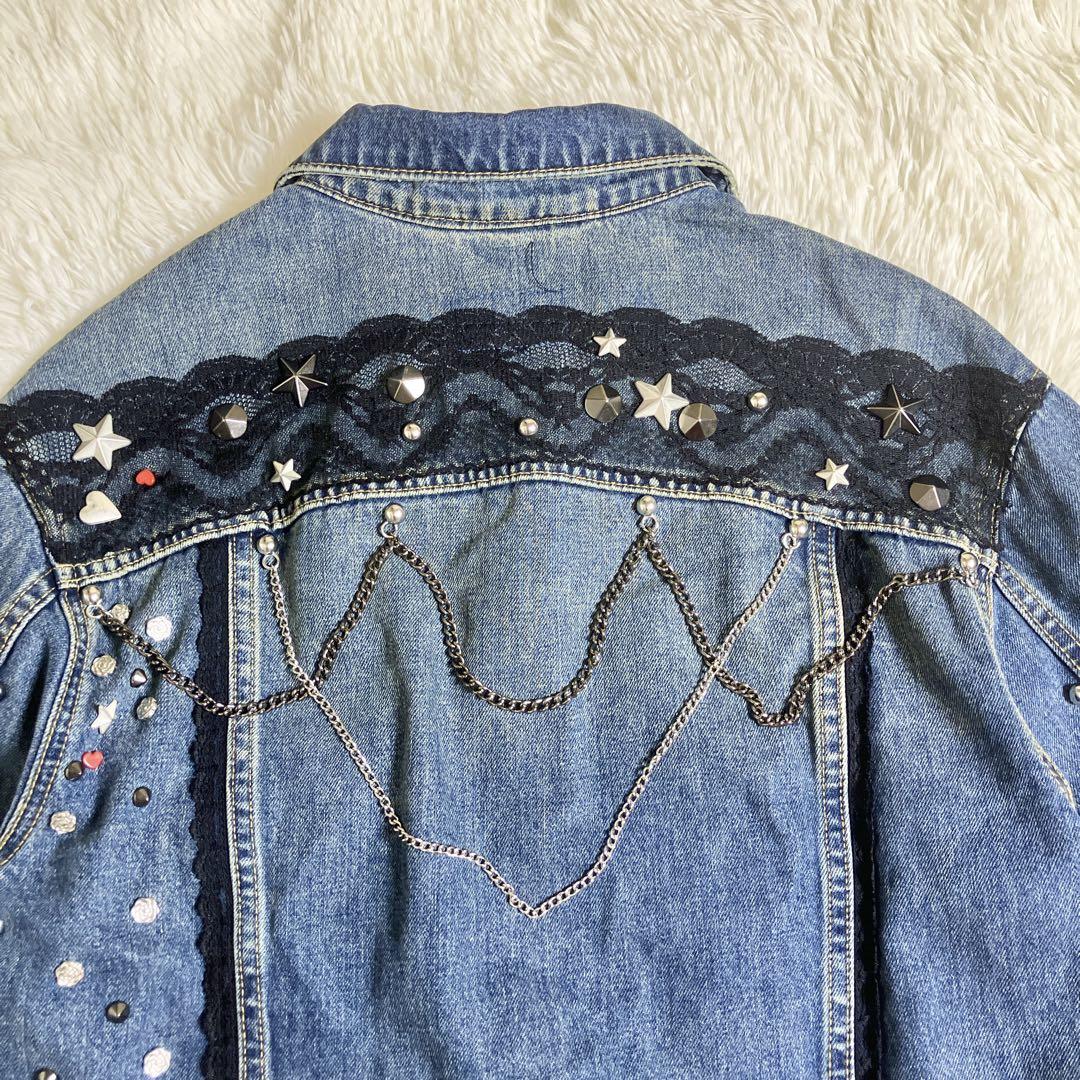 極美品✨️ ZARA デニムジャケット スタッズ チェーン レース 装飾 XS