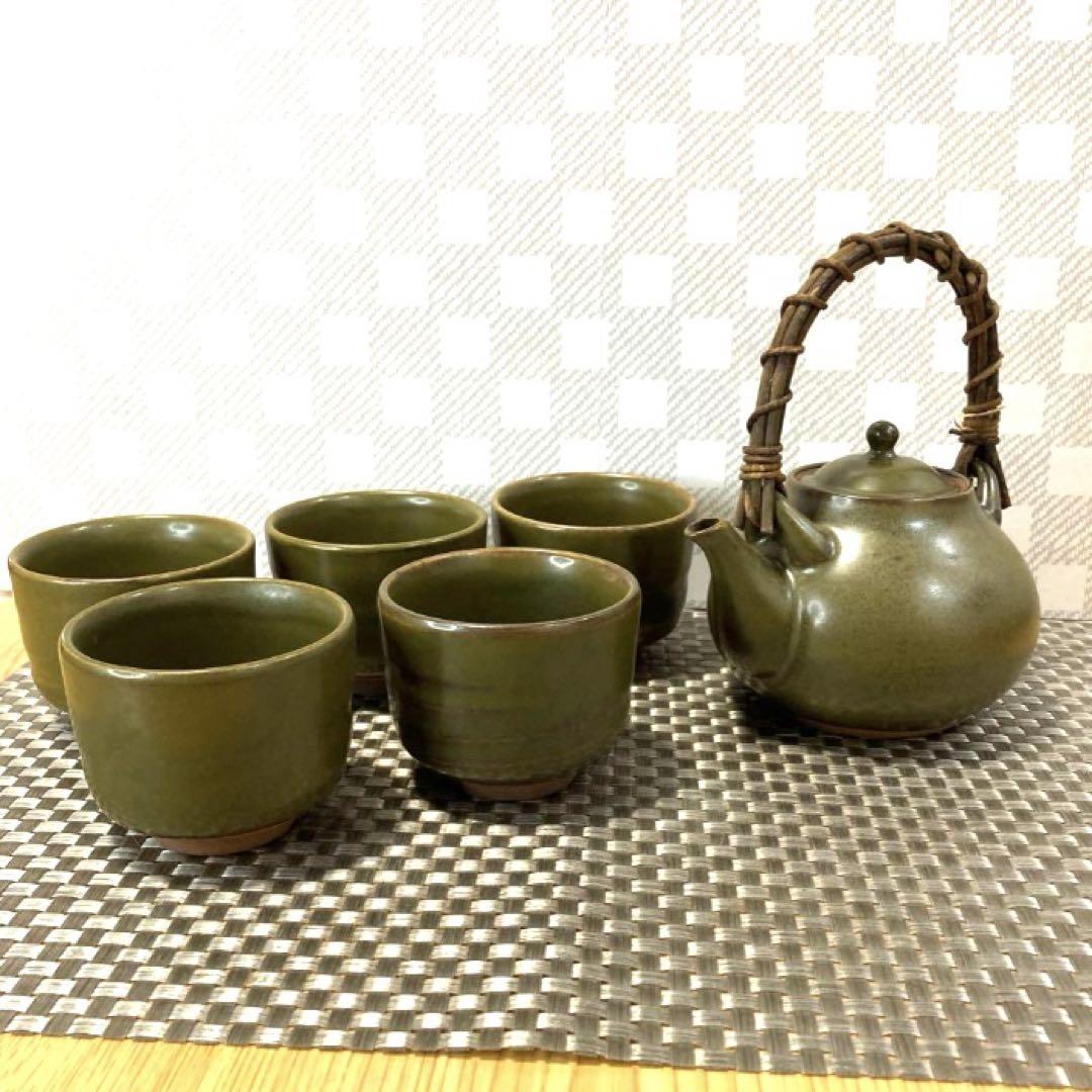 【新品未使用】 薩摩焼　荒木陶窯　苗代川焼　七部艶　深緑　急須/湯呑5客揃