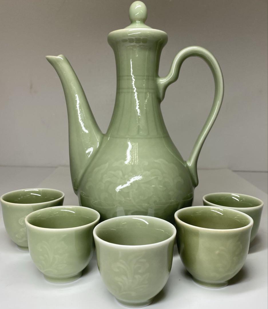 中国景徳鎮製　青磁煎茶器セット（底に銘）　東Y7-0312☆2Fタトチ