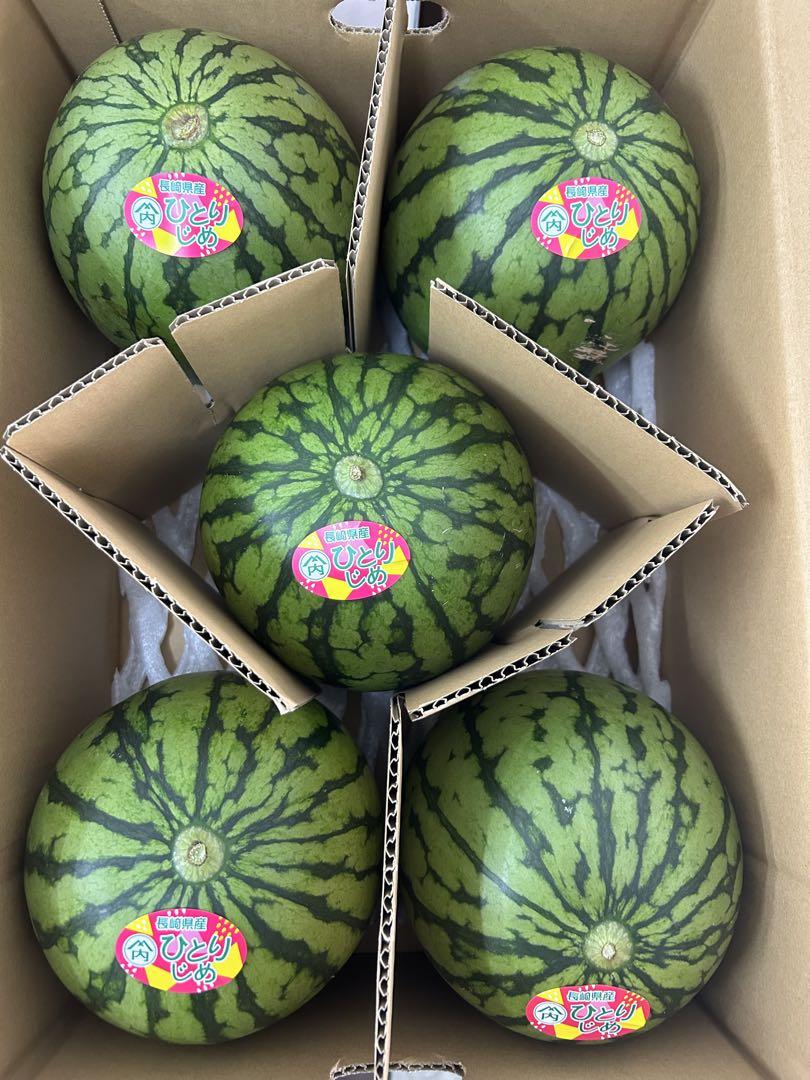 産地直送！小玉スイカひとりじめ5玉入り‼️甘くて美味しい！箱込み9.5~10キロ