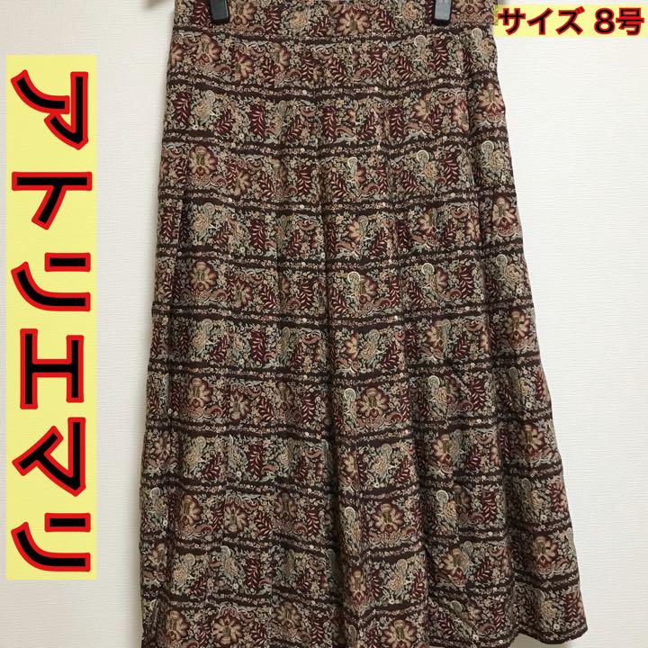 アトリエマリ シルクプリーツスカート 花柄総柄 膝丈スカート ブラウン 8号
