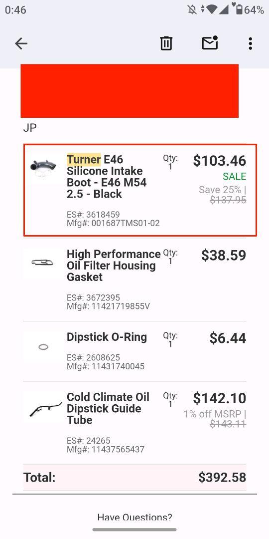 パーツ Turner E46 Silicone Intake Boot- E46 325