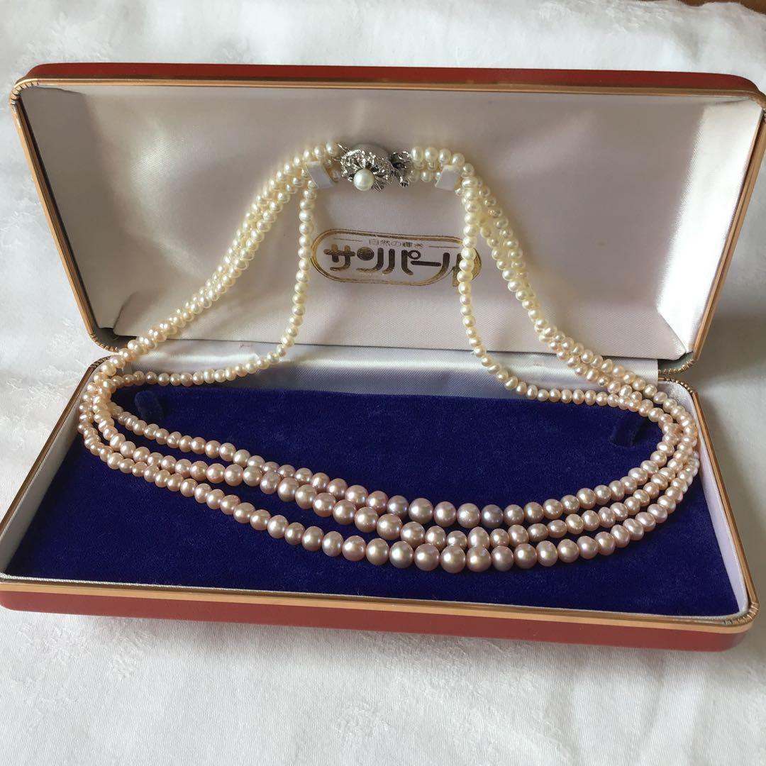 三連真珠ネックレス ホワイト ピンク ケース付き　本パール　コ4