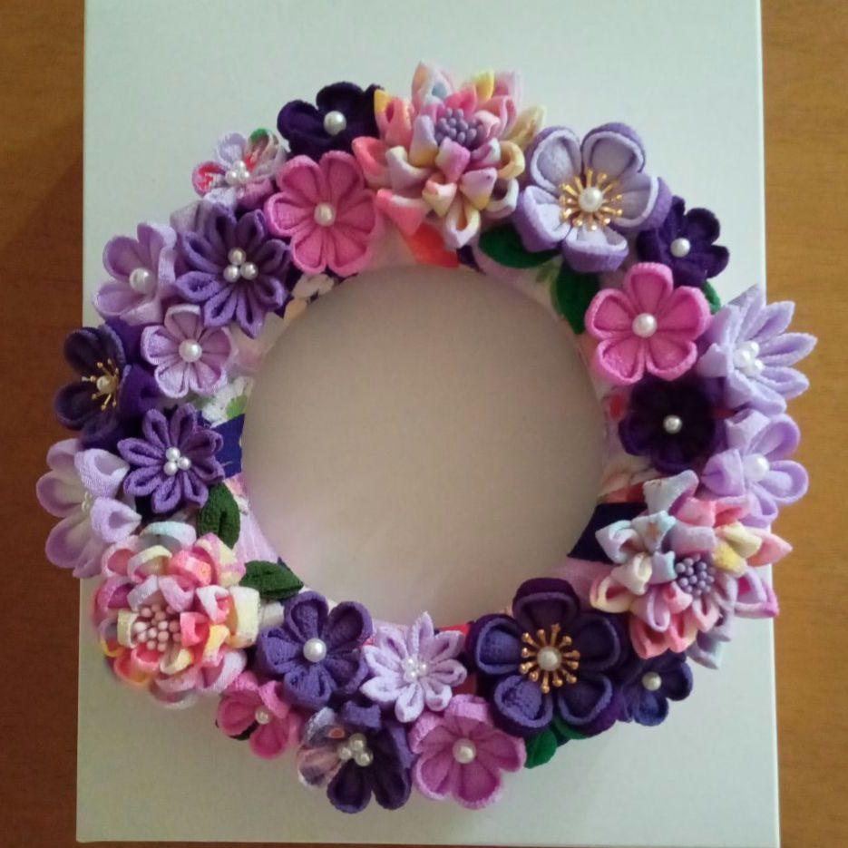 つまみ細工　リース　紫リース　赤紫　母の日 つまみ細工 リース 紫リース3 ハンドメイド ちりめん細工