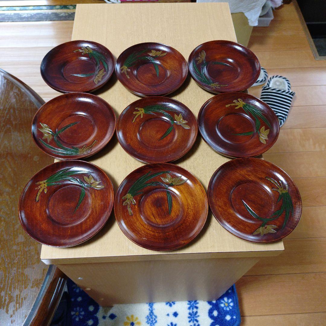 木製平皿 9枚セット 花と葉のデザイン