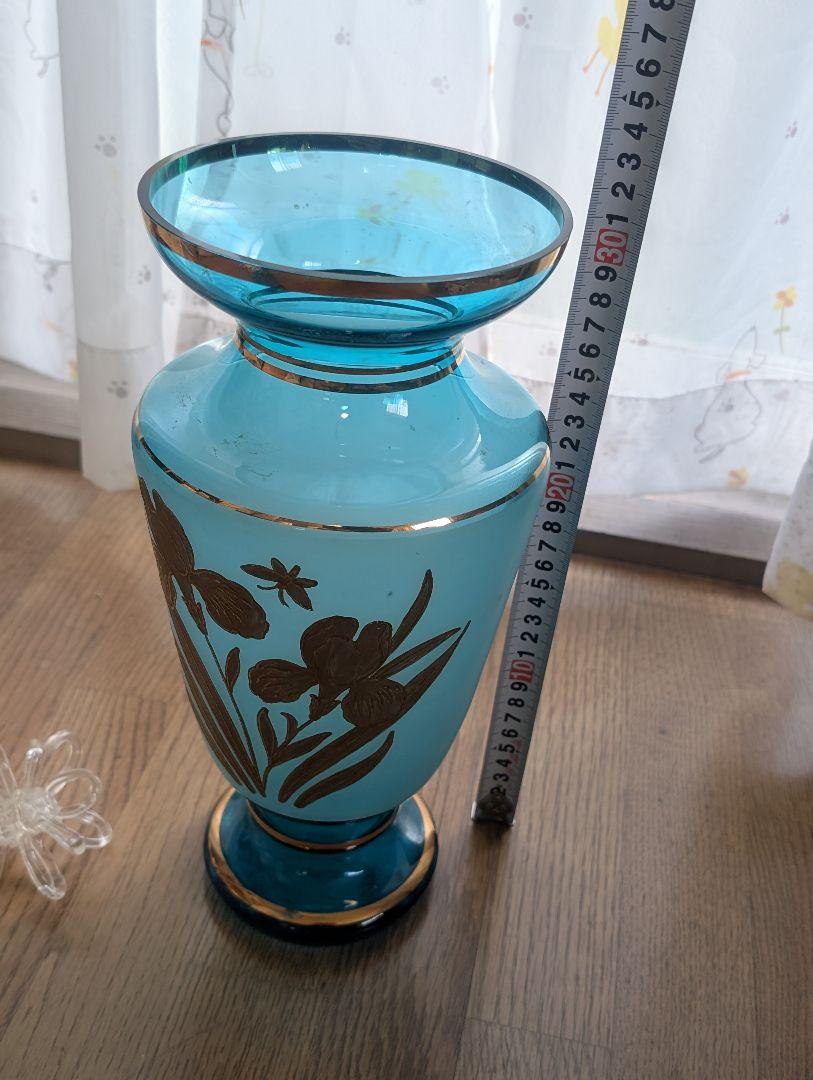 青色 花柄 ガラス 花瓶 高さ約33cm アンティーク インテリア オブジェ