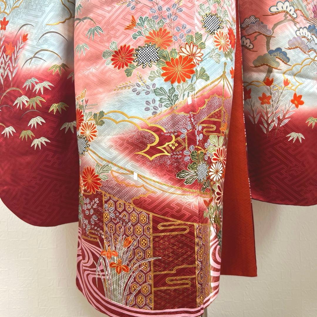 460 振袖フルセット 正絹 コーラルピンク 桃 赤 金彩 駒刺繍 暈し染め 460 振袖フルセット 正絹 コーラルピンク 桃 赤 金彩 駒刺繍 暈し染め