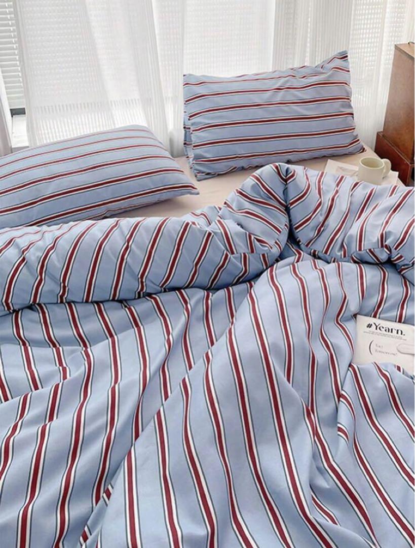 新品未使用 韓国インテリア 4点セット❣ 寝具 ベッドカバー ストライプ