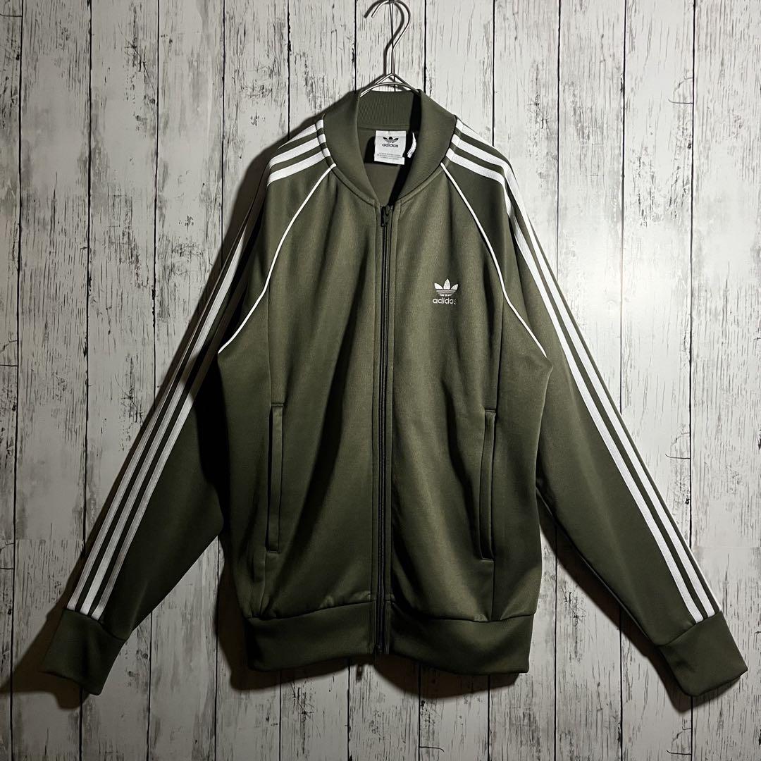 adidas トラックジャケット　刺繍ロゴ　トレフォイル　袖ライン　L オリーブ