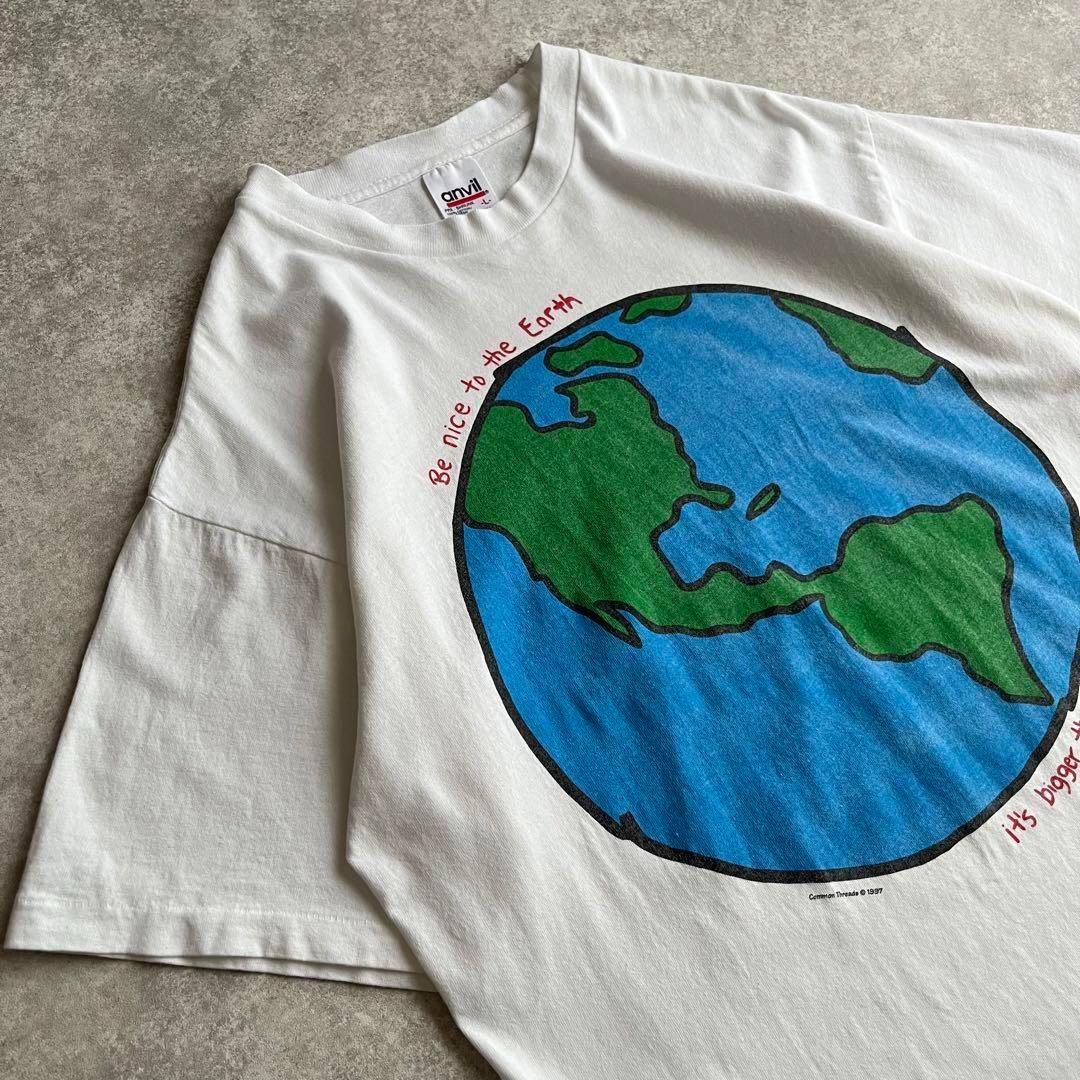 古着90s半袖Tシャツ シングルステッチ 地球プリント グラフィックT