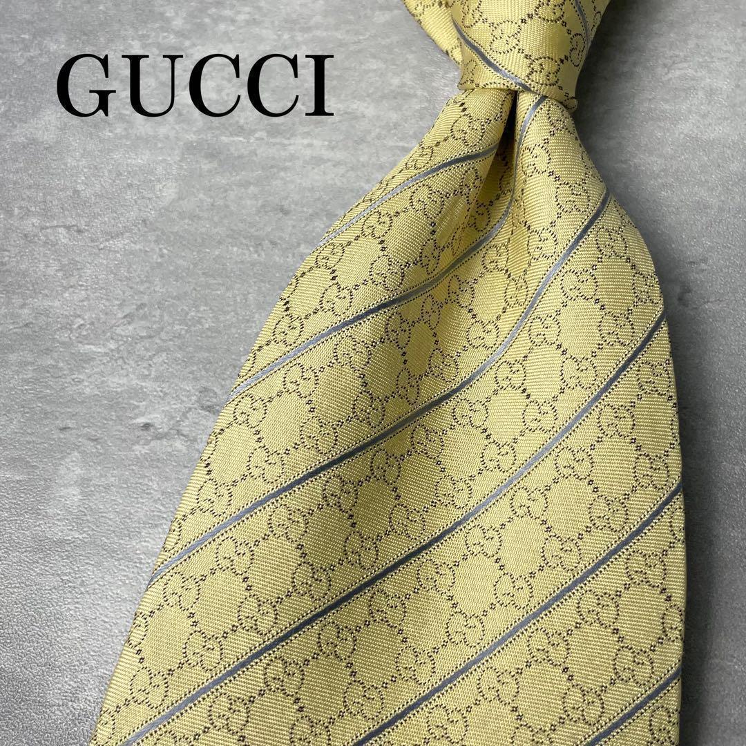 美品 GUCCI グッチ GG柄 × ストライプ ネクタイ イエロー 黄