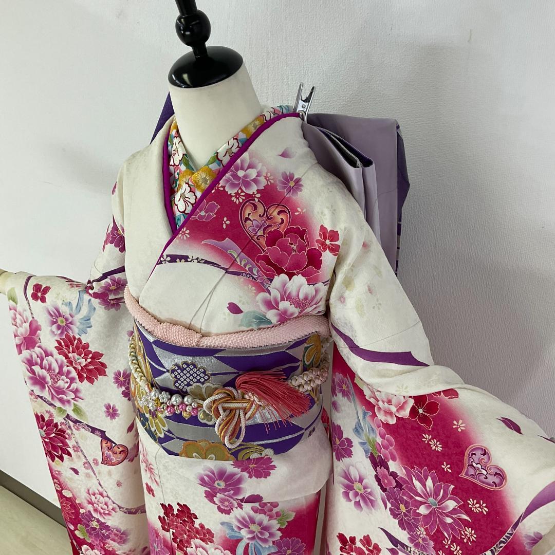 美品 正絹お振袖 7点フルセット Mサイズ 白×ローズピンク