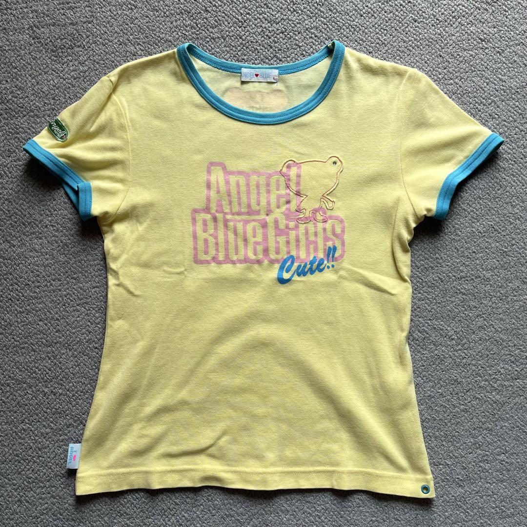【美品】平成 レトロ エンジェルブルー Tシャツ 総柄 L 160 ワッペン ANGEL BLUE エンジェルブルー 半袖Tシャツ L（160cm）平成レトロ