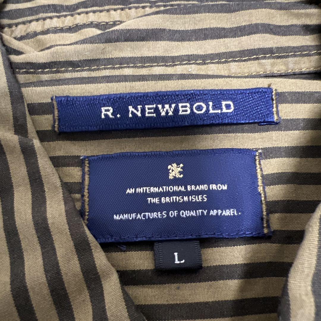 【美品】R . NEWBORD カフスロゴ入りメンズシャツ　ストライプ　Lサイズ
