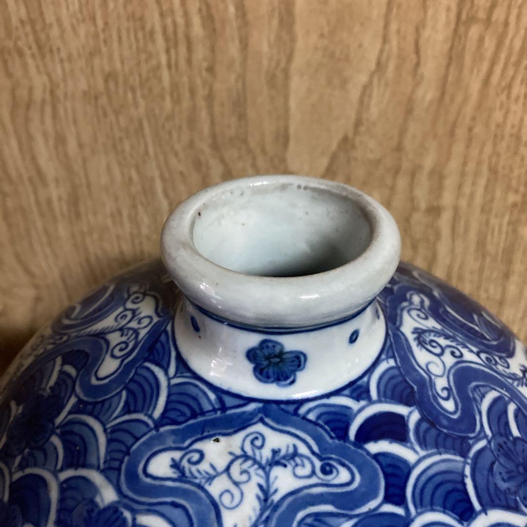 中国明時代中期(青花)染付梅瓶 安】明時代 大明永楽年製 青花龍紋梅瓶 共箱 唐瓷 染付 古陶瓷