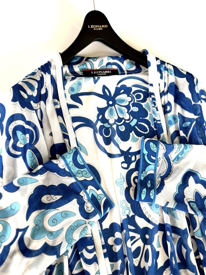 極美品✨近年☆LEONARD☆ブルー&ホワイト夏柄カーディガン　40 ゆったり