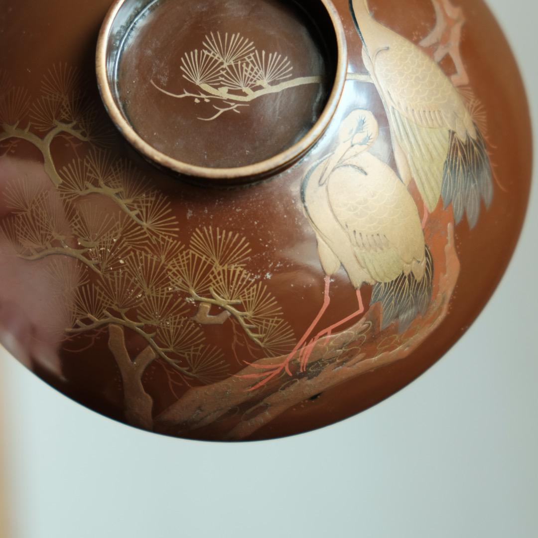 鶴と松◇蓋裏に松ぼっくり。古輪島塗 漆芸蒔絵蓋付碗5客 骨董