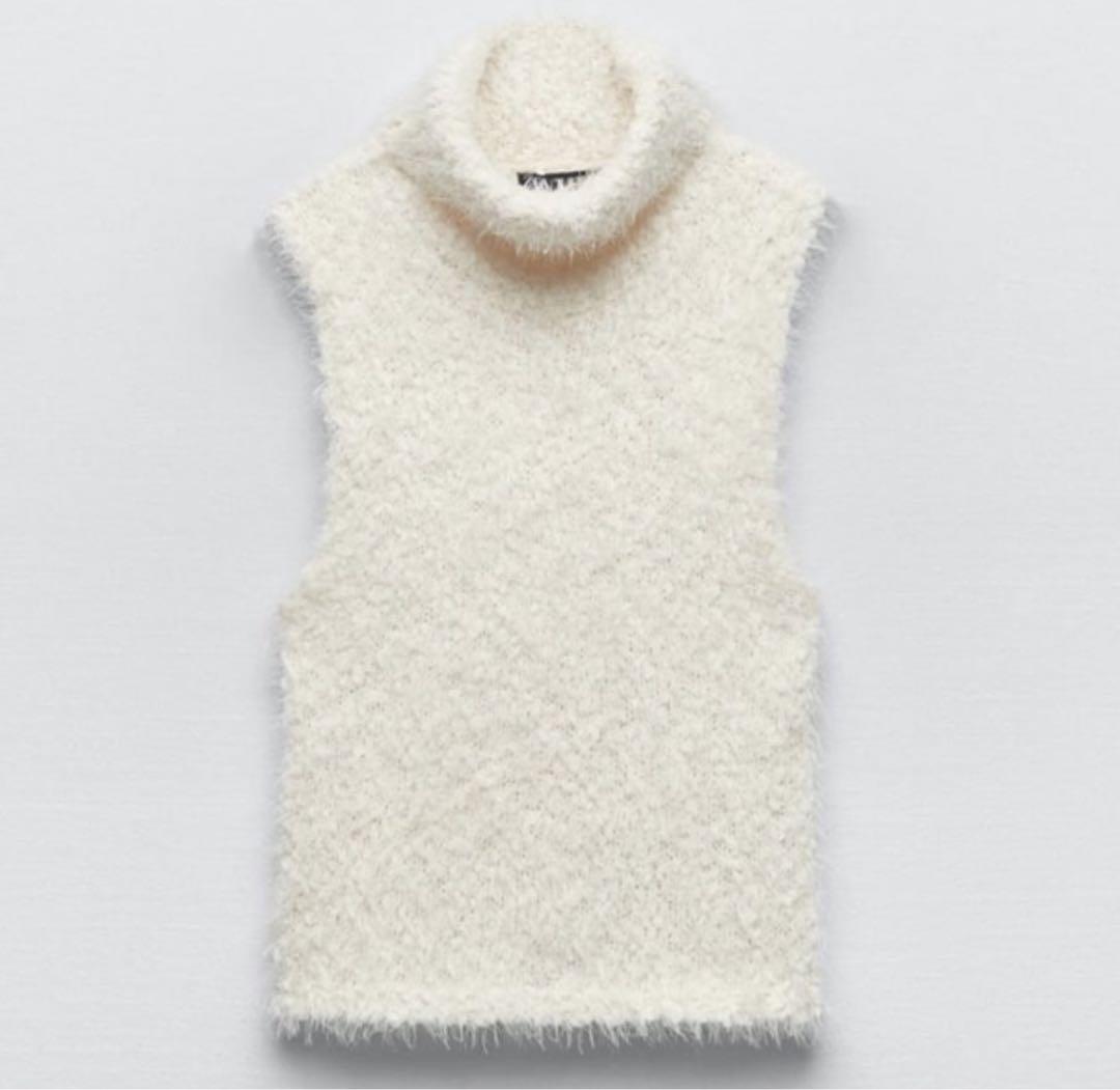 ZARA シェルニートップス　アメスリ　ノースリーブ　ふわふわ　白　未使用