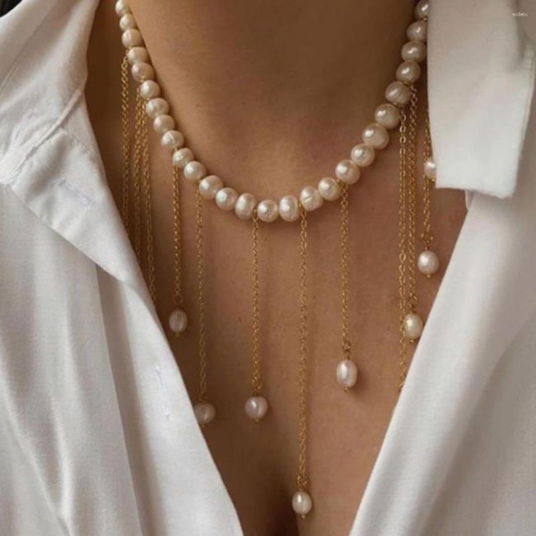 数量限定レア美品 淡水真珠パールネックレス 縦垂れ 多連 ゴールド14K eteアクセサリー