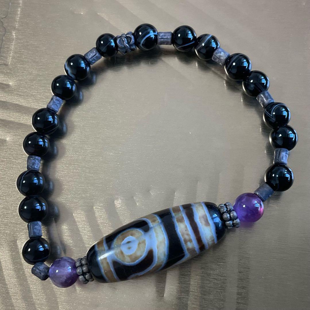 二眼天珠と天然石ブレスレット　チベット天珠　シマメノウ　シルバー　アメジストC