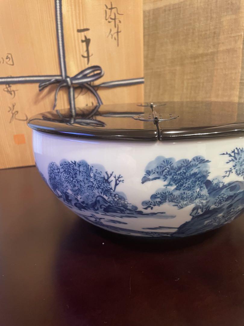 未使用品　茶道具　染付　平水指　山水　洞華苑
