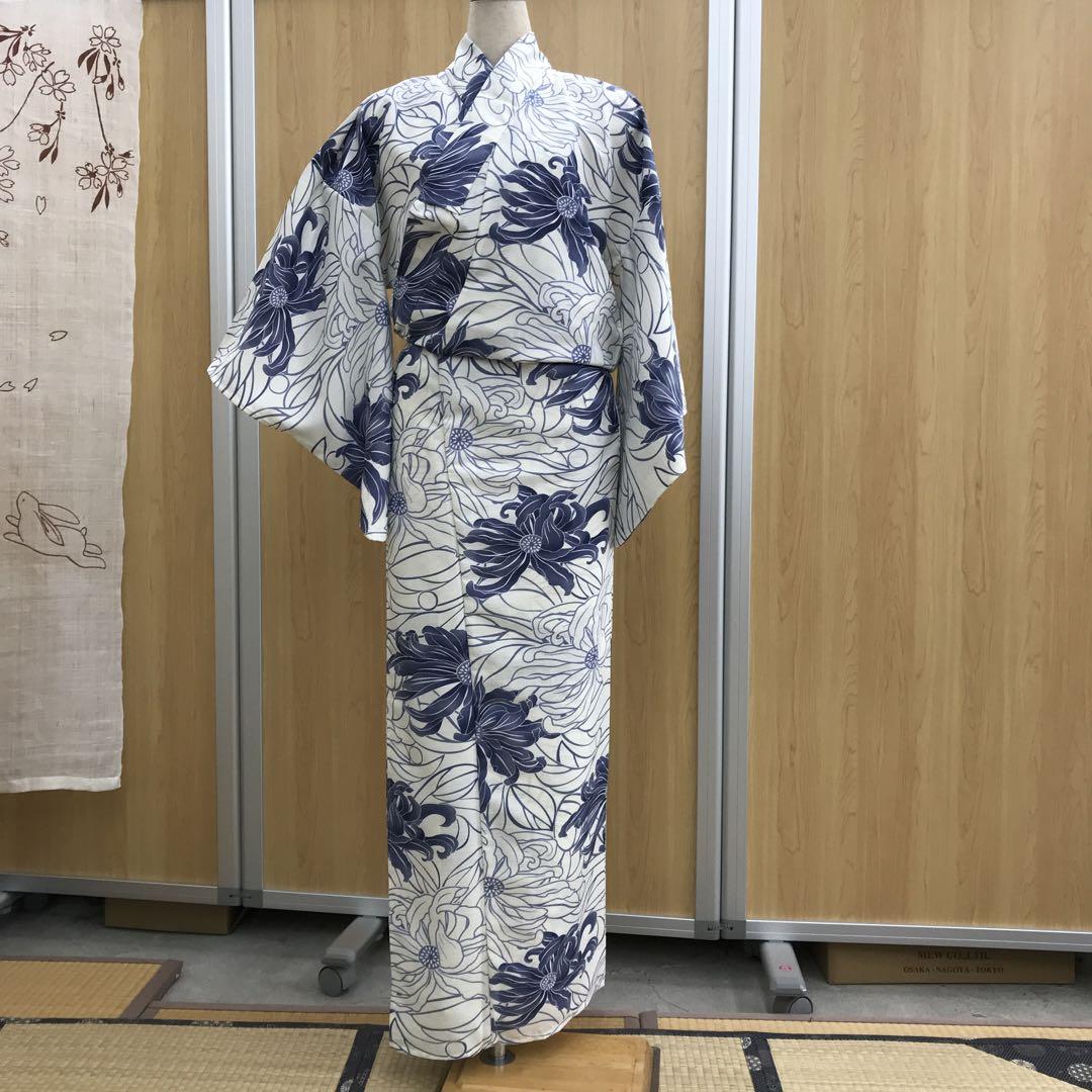 有松鳴海絞り 浴衣 ゆかた 紺×白 草花模様 身丈162裄65 （◇現代