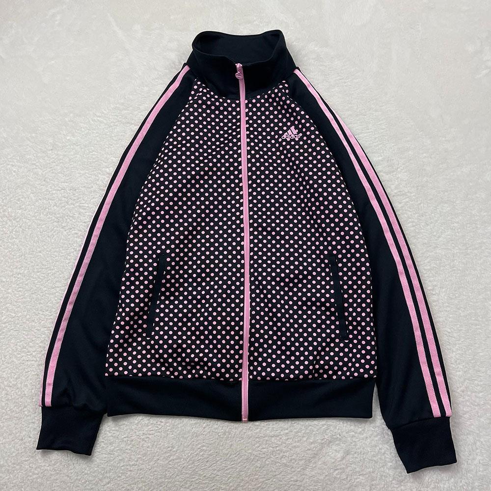adidas　トラックジャケット　ドット　ピンク　黒　パフォーマンスロゴ