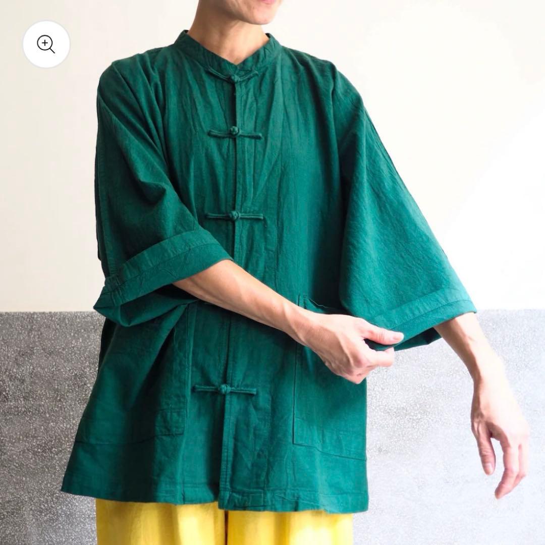 新品 鄭惠中ヂェン先生の日常着 チャイナカラーシャツ 7分袖 チャコールグレー