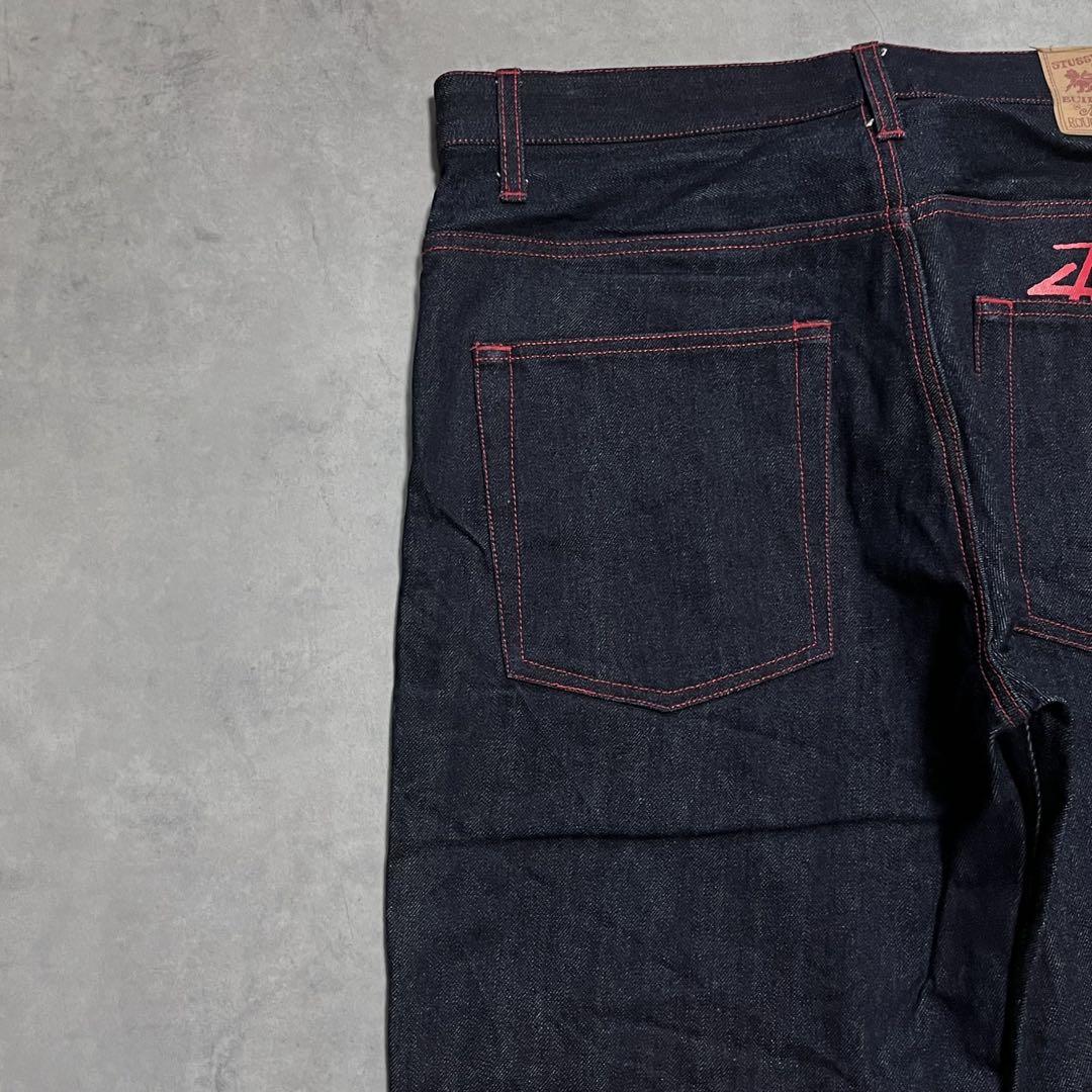 stussy ステューシー バギーデニム 赤ステッチ バックプリント濃い濃い