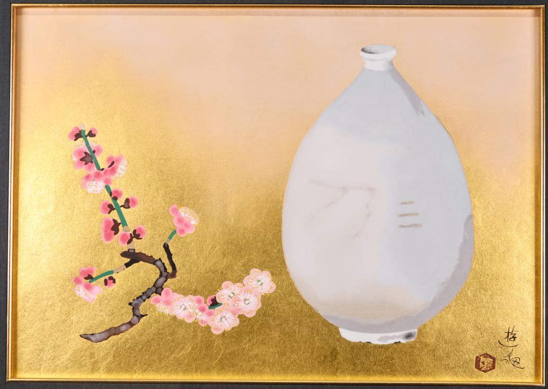 【真作】 小倉遊亀 「 李朝壺紅梅 」 木版画摺複製　188/250　BJ242