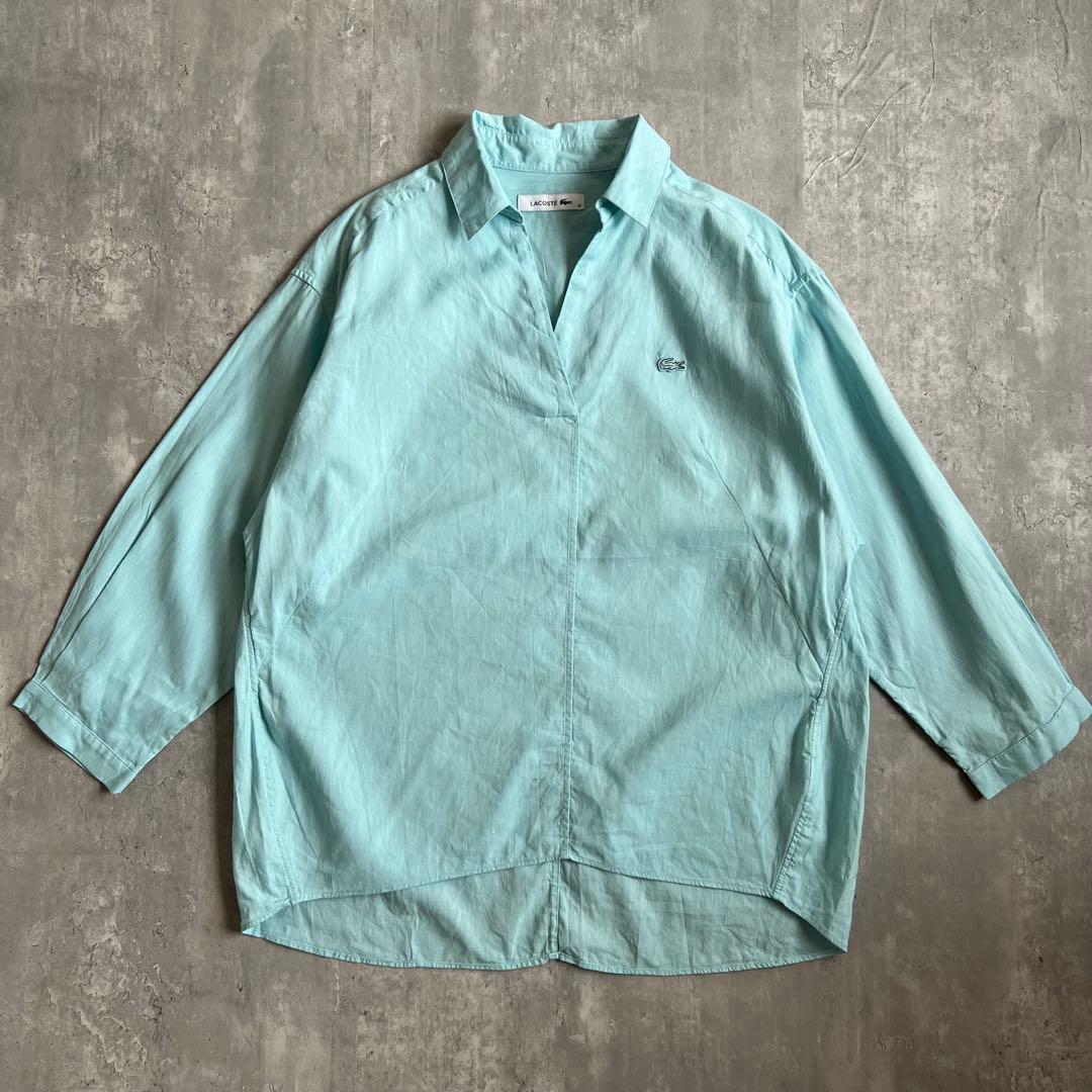 LACOSTE ラコステ リネン×コットン カプリシャツ スカイブルー 刺繡ロゴ