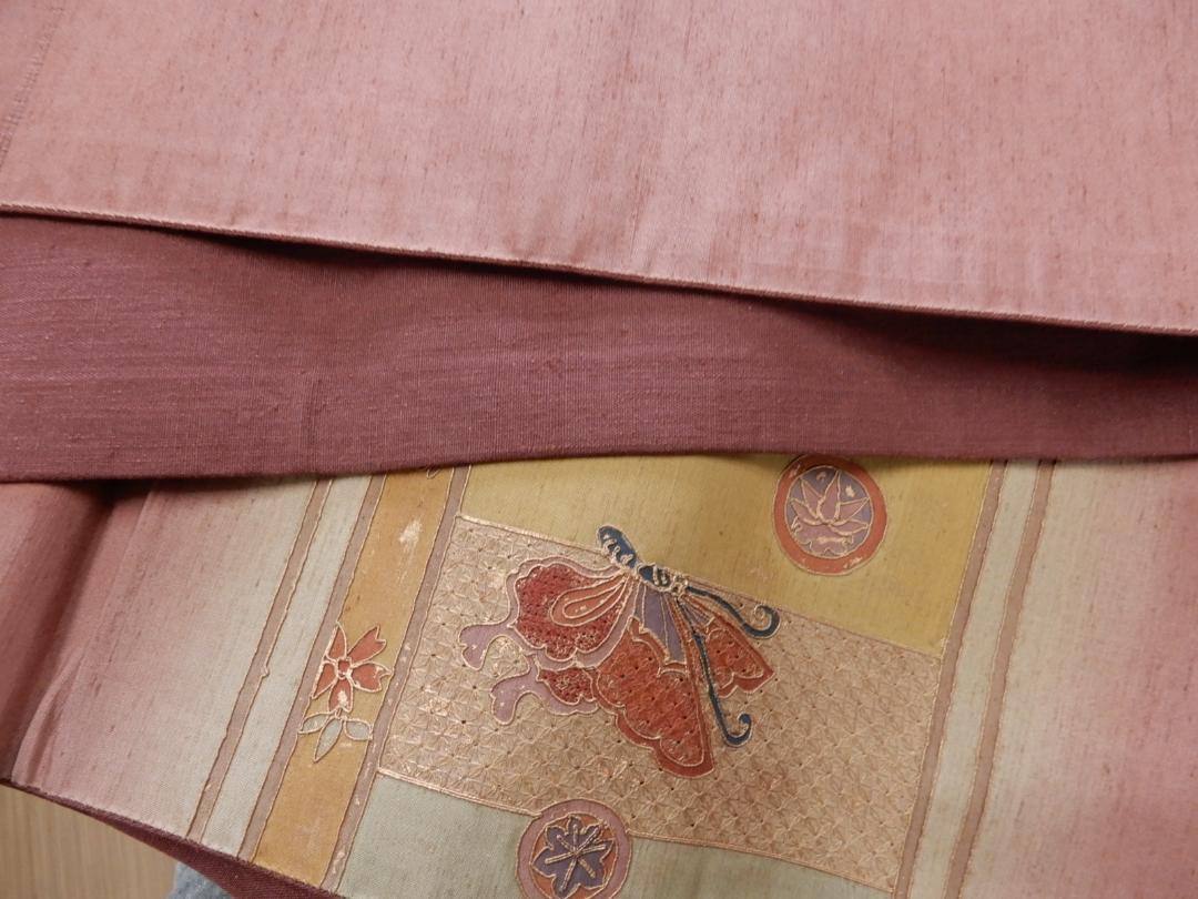 正絹・紬地汕頭刺繍袋帯・和名 銅色・太鼓柄・スワトウ刺繍