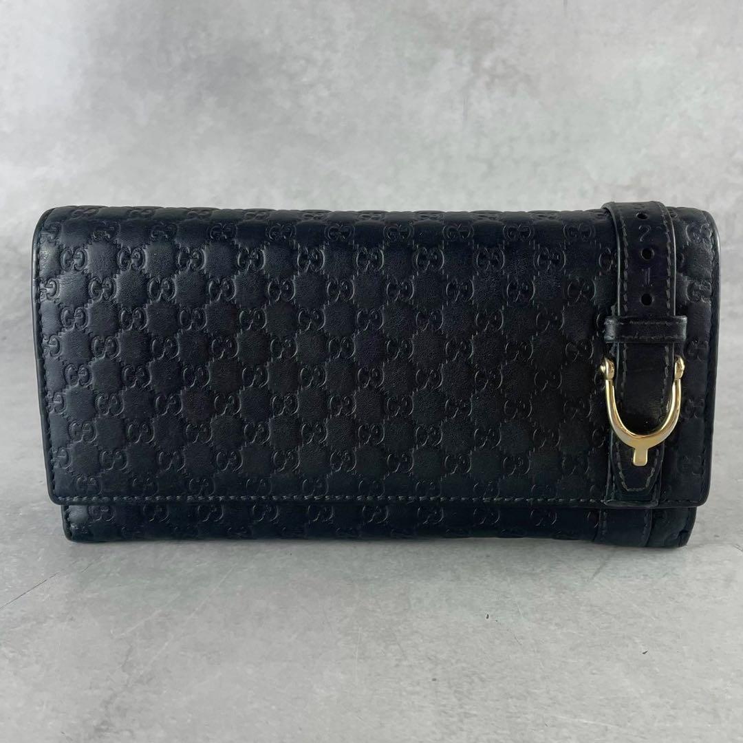 【美品】GUCCI 長財布 マイクロ GG シマ ゴールド金具 レザー ブラック