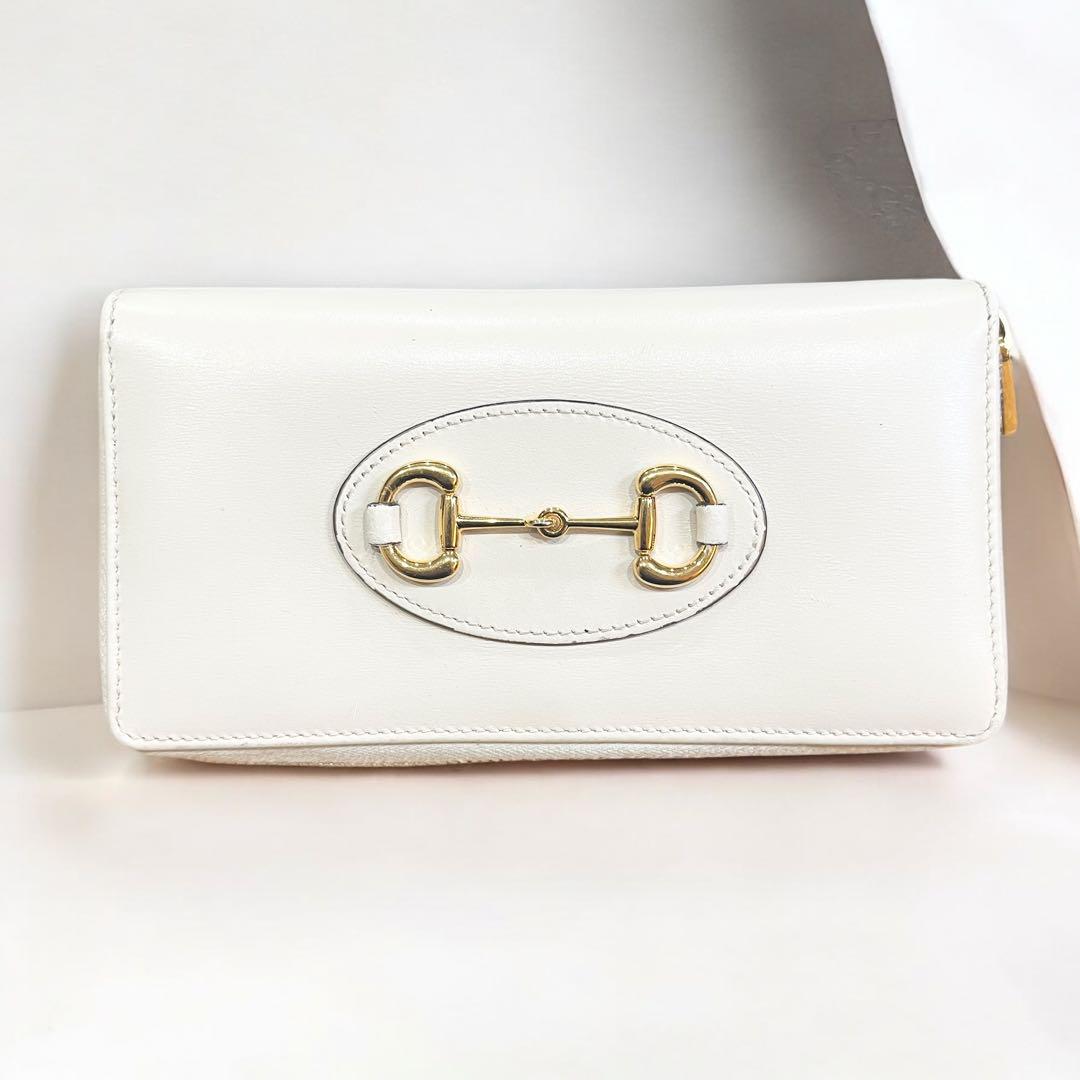 GUCCI 長財布 レザー ホースビットラウンドジップ ホワイト系 ゴールド金具