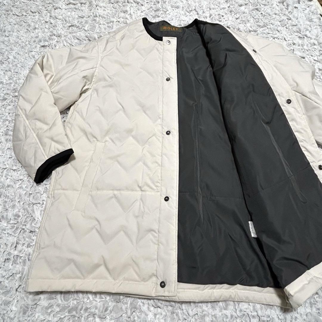 Risley/リズレイ】ザックダウンミディコート白×黒 ノーカラーダウンコート レディース