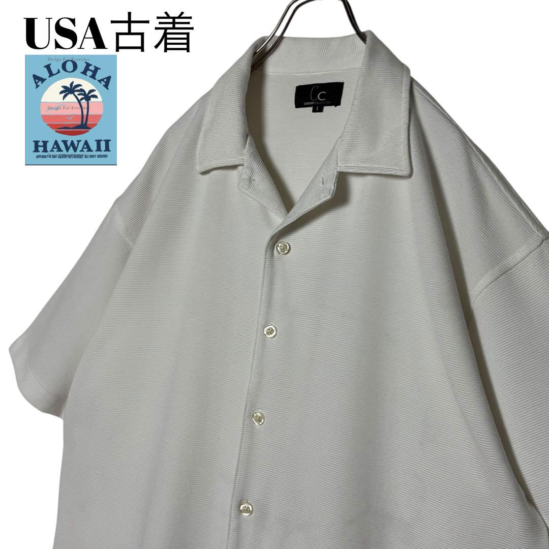 USA古着アロハシャツ 開襟 白 L ポリエステル/レーヨン 無地サーフシャツ