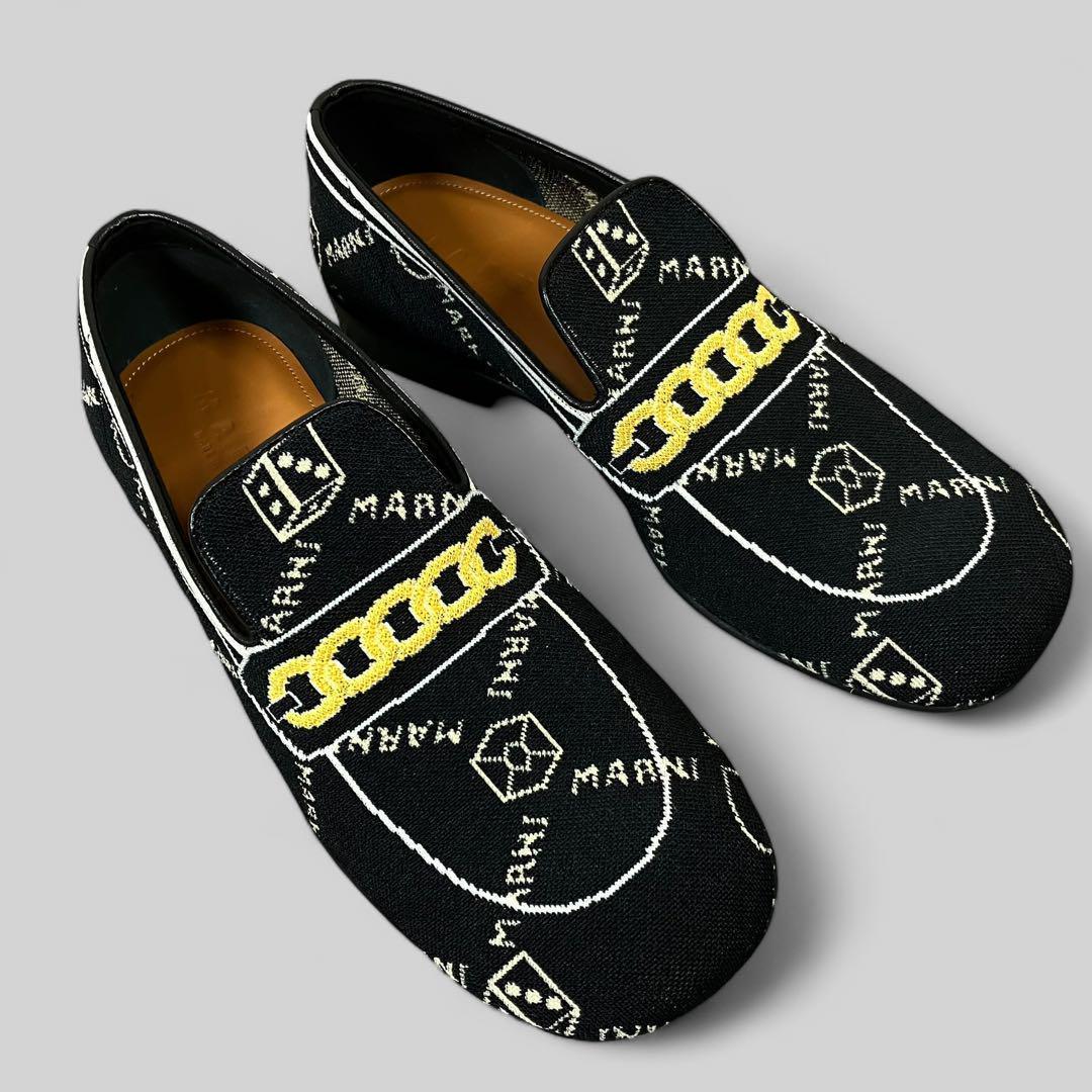 MARNI ニットローファー 40 ロゴ ジャガード 黒 モカシン