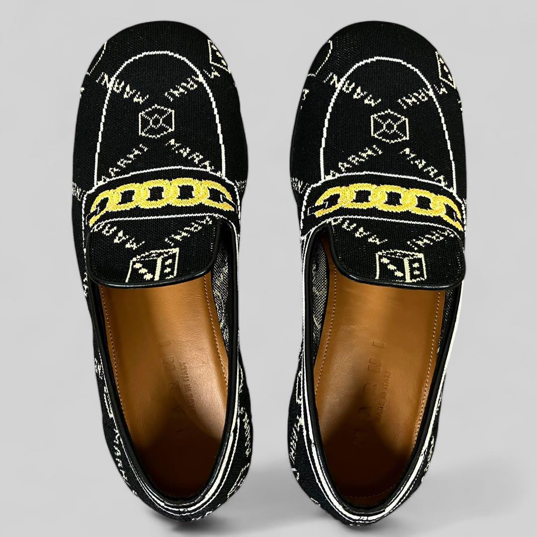 MARNI ニットローファー 40 ロゴ ジャガード 黒 モカシン