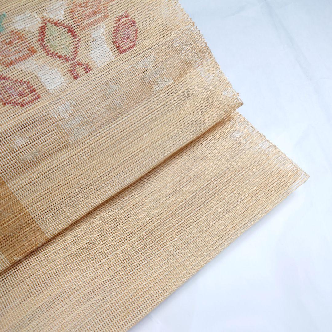 正絹 夏 名古屋帯 紗 八寸 黄茶 モダン図案 未使用品