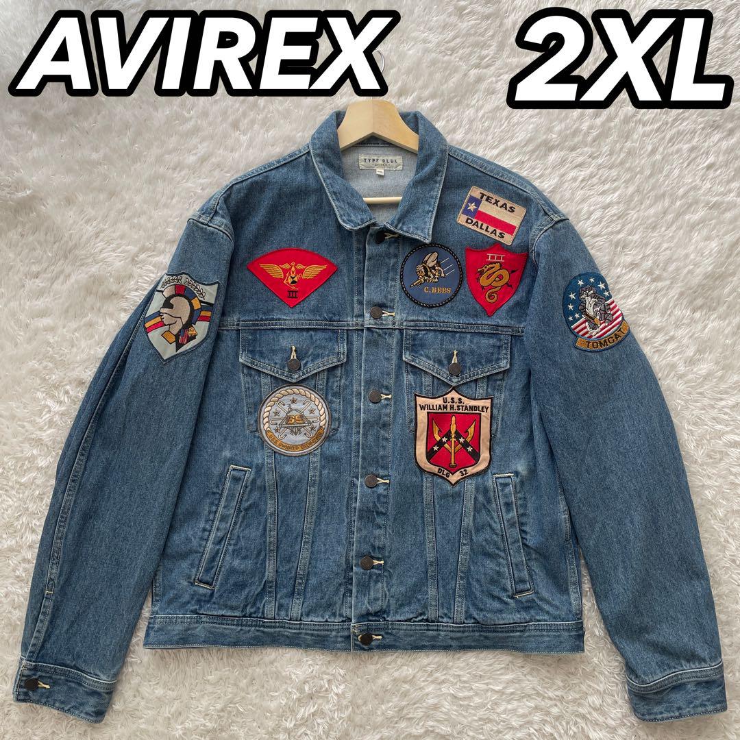 希少サイズ2XL AVIREX デニムジャケット ワッペン パッチワーク-