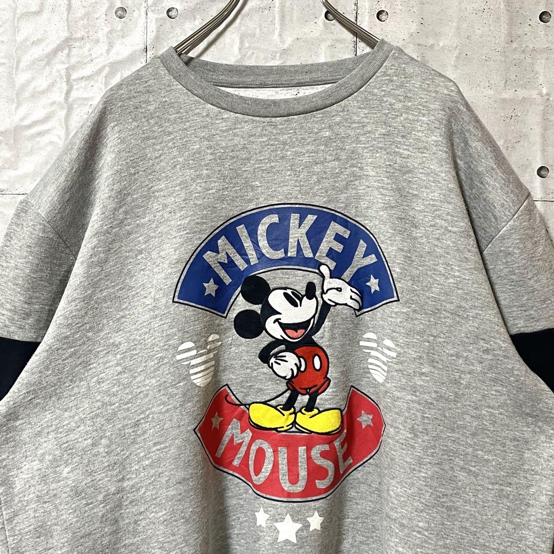 古着 ディズニー スウェット トレーナー 刺繍ロゴ ミッキー L 厚手 激レア