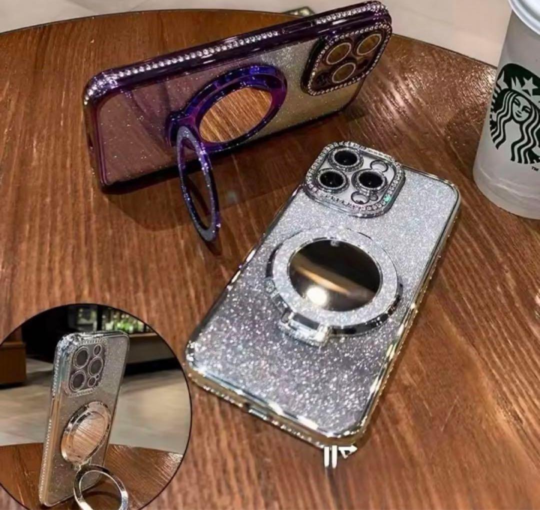 韓国♡高級感 きらきら 鏡付リングスタンド 綺麗め iphoneケース 多機能 韓国♡高級感 きらきら メイク直しミラー 鏡付リングスタンド 綺麗め