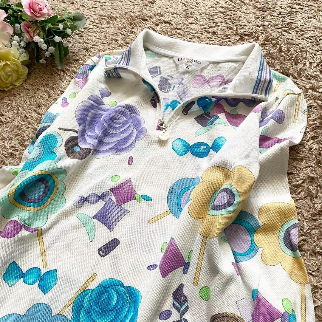 美品♡レオナール スポーツ　総柄　コットン　ポロシャツ　ゴルフウェア　花柄