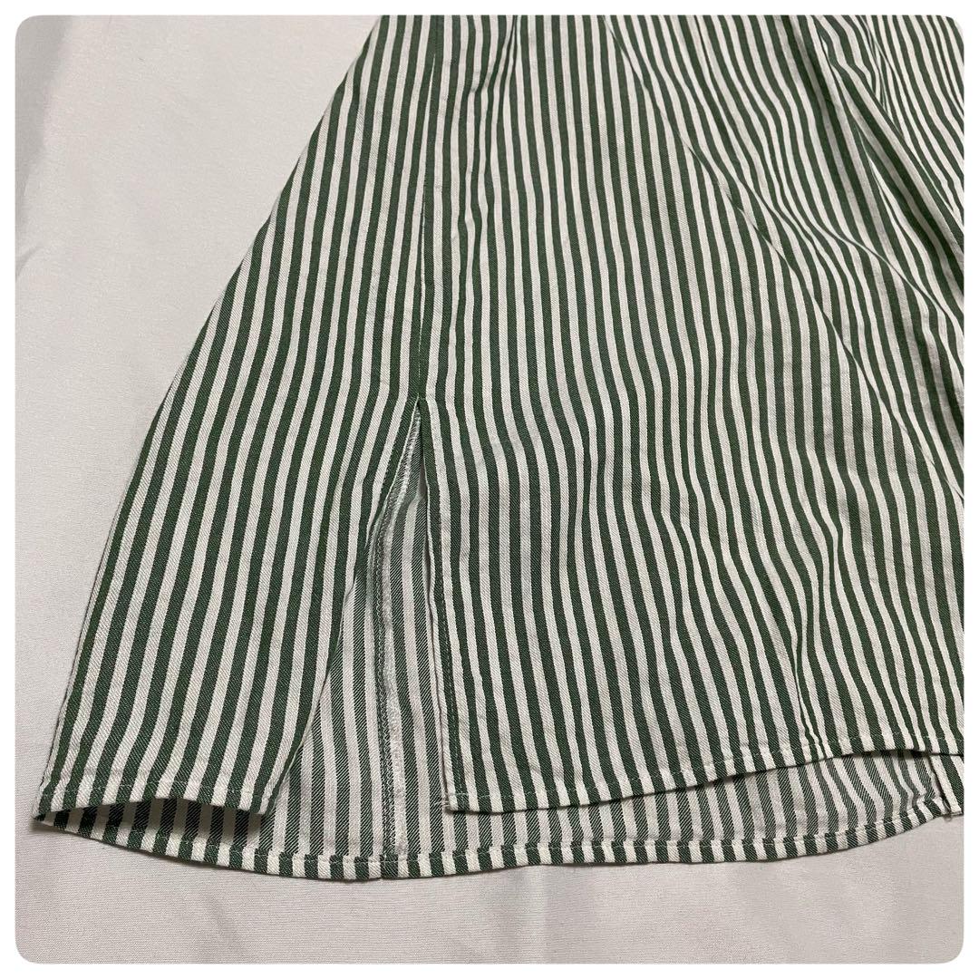 美品【ヒロコビス】洗える✨ストライプシャツワンピース　グリーン　13号