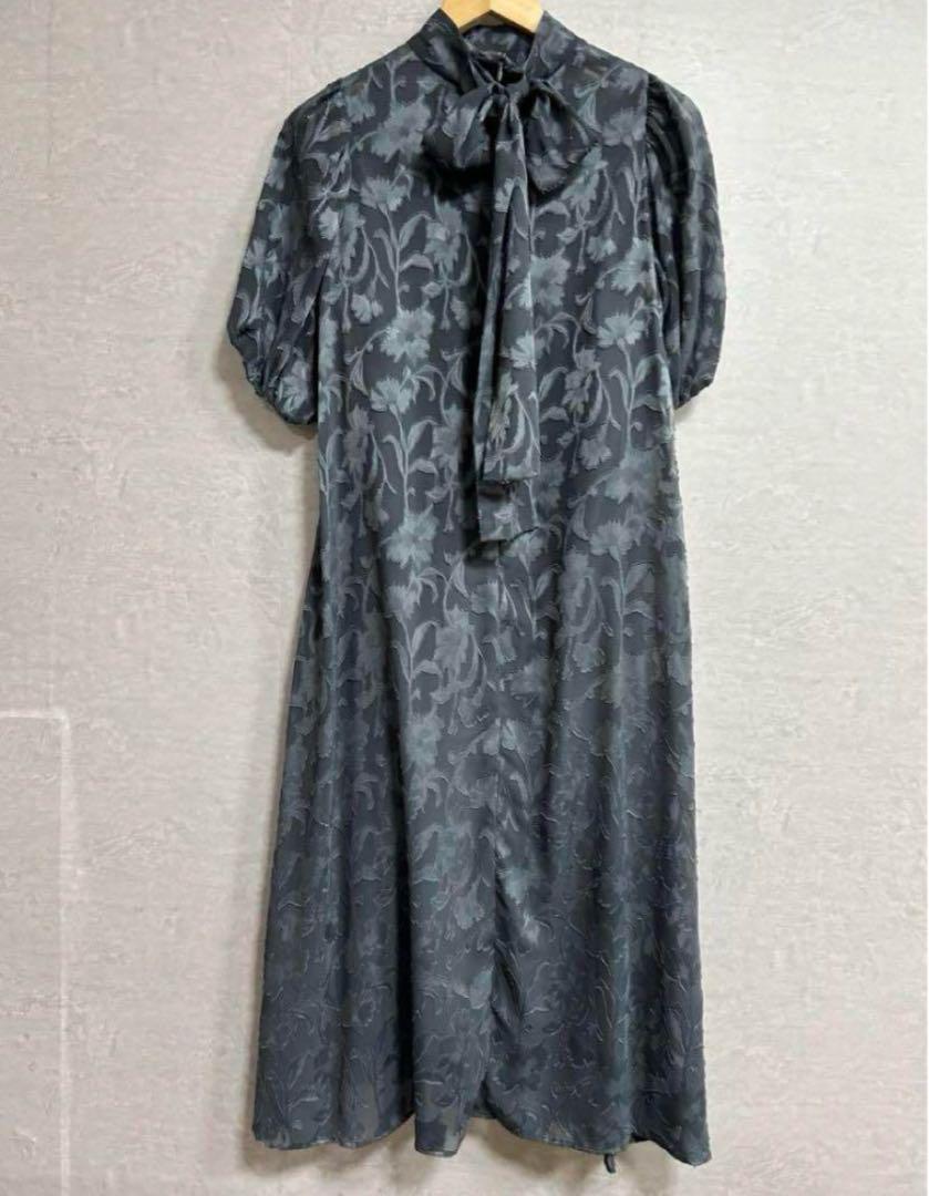 J by blue インナー付きバックリボンジャガードドレス ブルーグレー　M