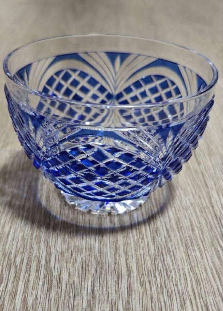 薩摩切子 藍被硝子 剣而松笠文　切子　碗五客揃 茶器 酒杯　カメイガラス　冷茶碗