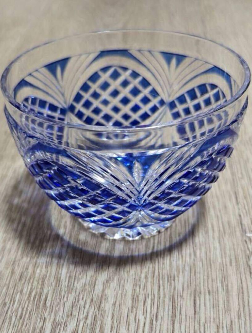 薩摩切子 藍被硝子 剣而松笠文　切子　碗五客揃 茶器 酒杯　カメイガラス　冷茶碗