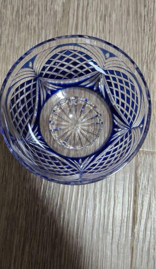 薩摩切子 藍被硝子 剣而松笠文　切子　碗五客揃 茶器 酒杯　カメイガラス　冷茶碗